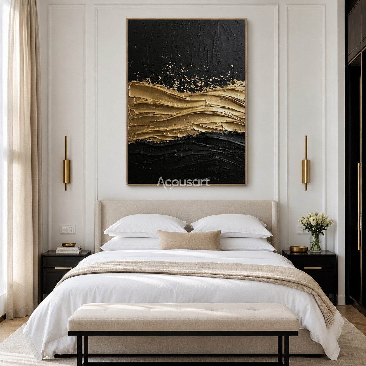 Black and gold textured wall art with raised metallic gold waves on a dark abstract background