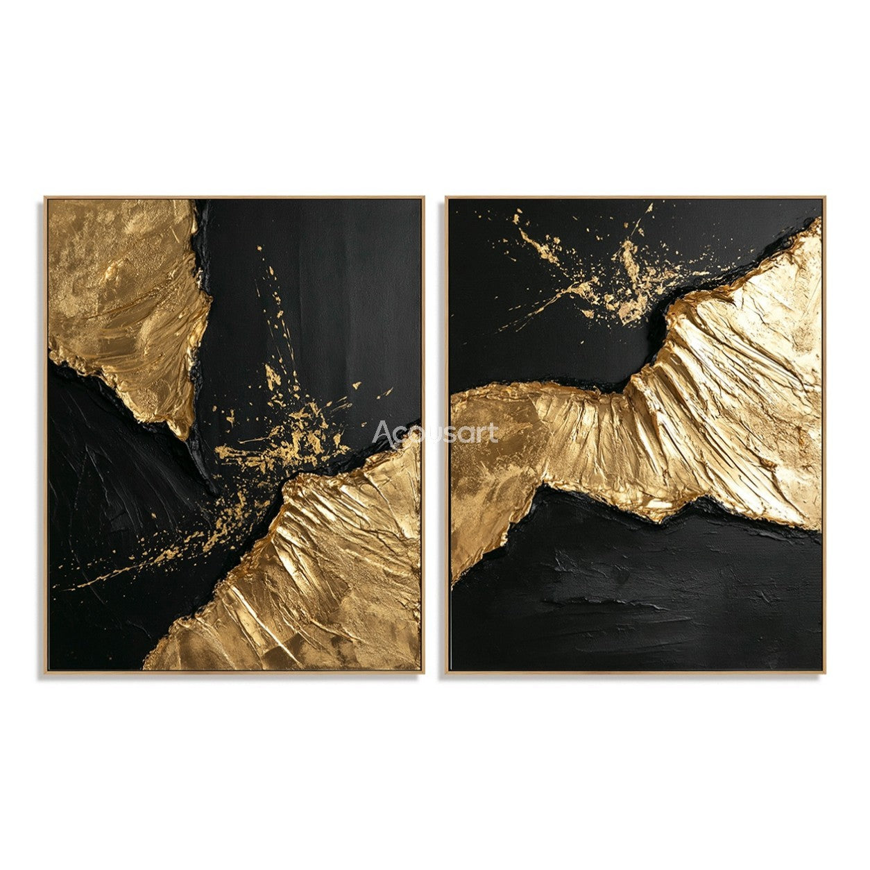 Black and gold abstract wall art set with raised metallic gold texture and dark modern background