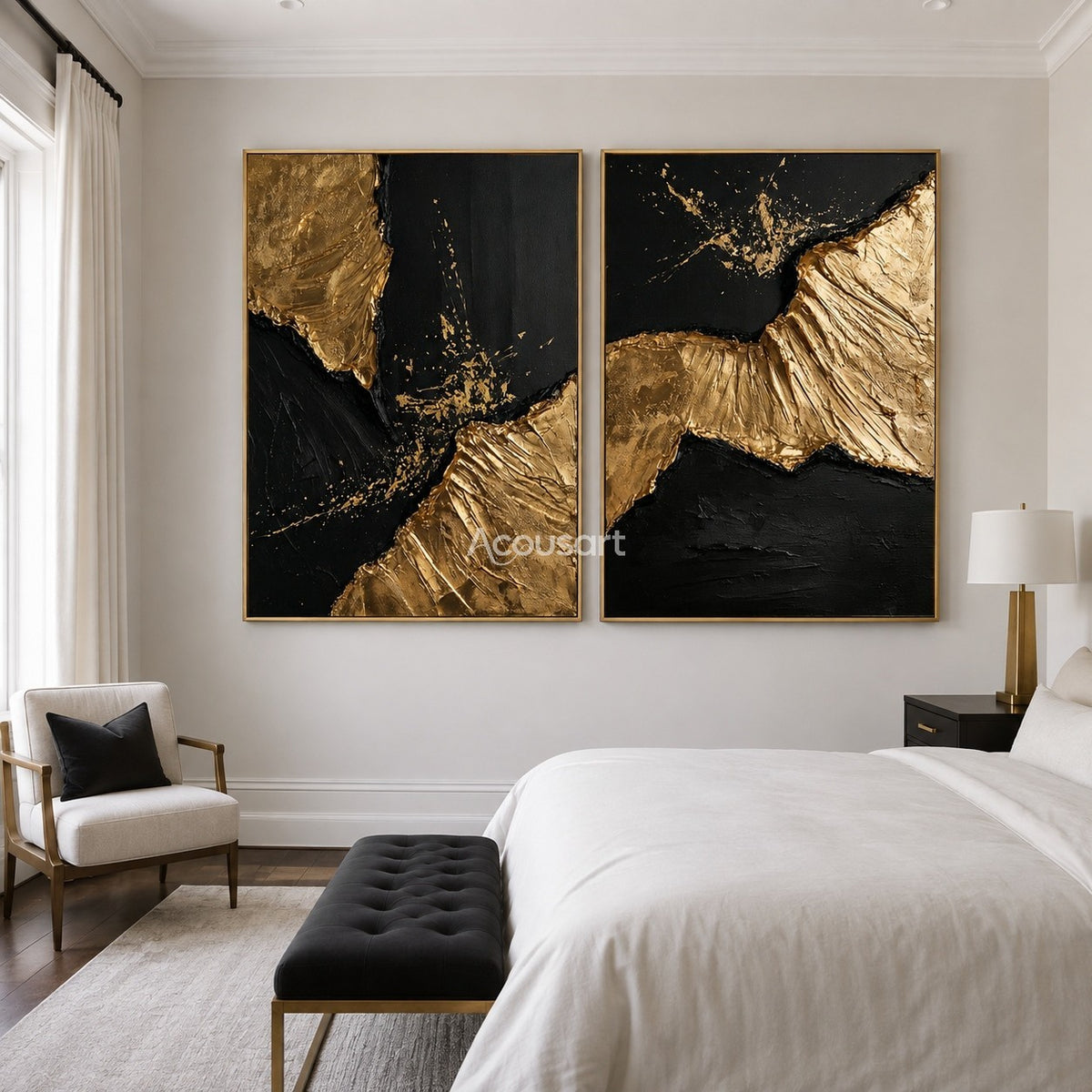 Black and gold abstract wall art set with raised metallic gold texture and dark modern background