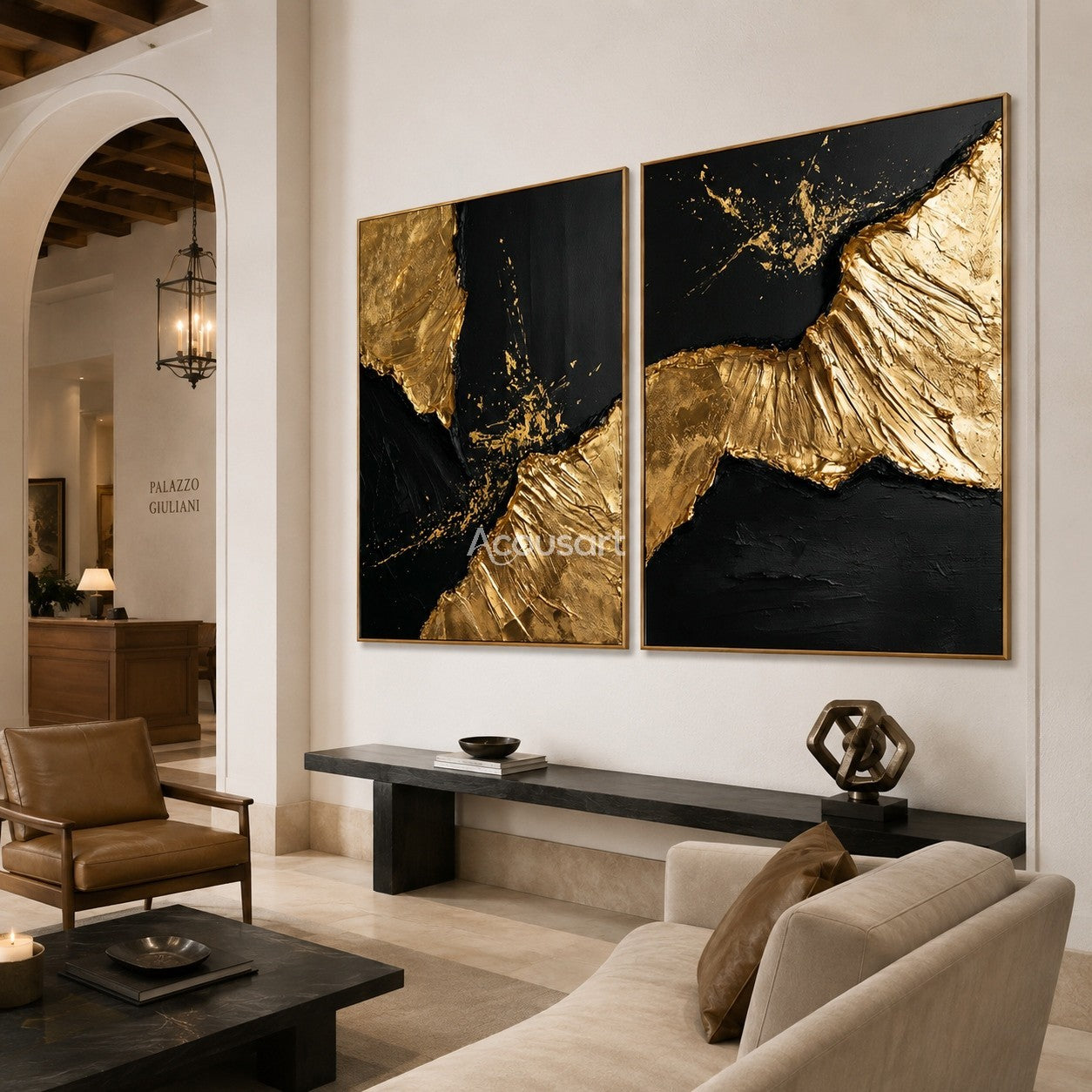 Black and gold abstract wall art set with raised metallic gold texture and dark modern background