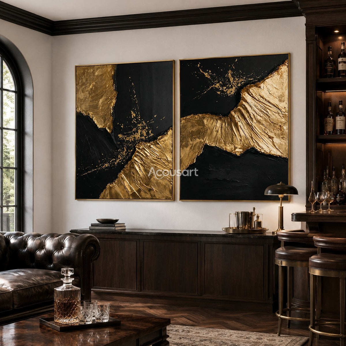 Black and gold abstract wall art set with raised metallic gold texture and dark modern background