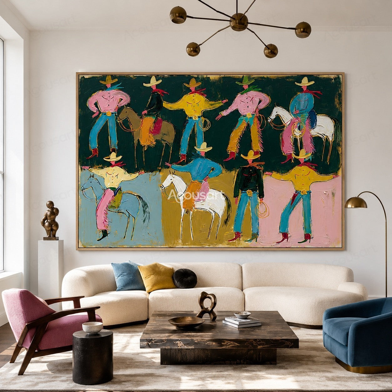 Colorful western wall art with playful cowboys, horses, hats, and bold hand-painted texture