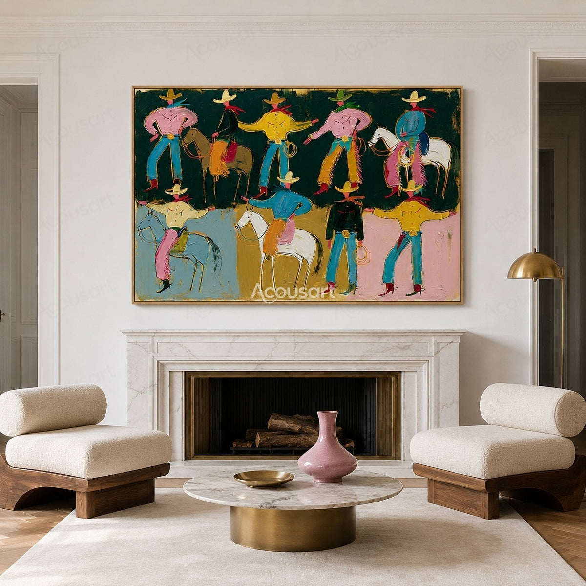 Colorful western wall art with playful cowboys, horses, hats, and bold hand-painted texture