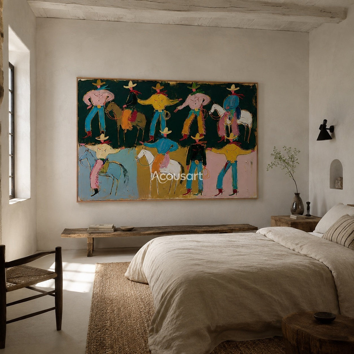 Colorful western wall art with playful cowboys, horses, hats, and bold hand-painted texture