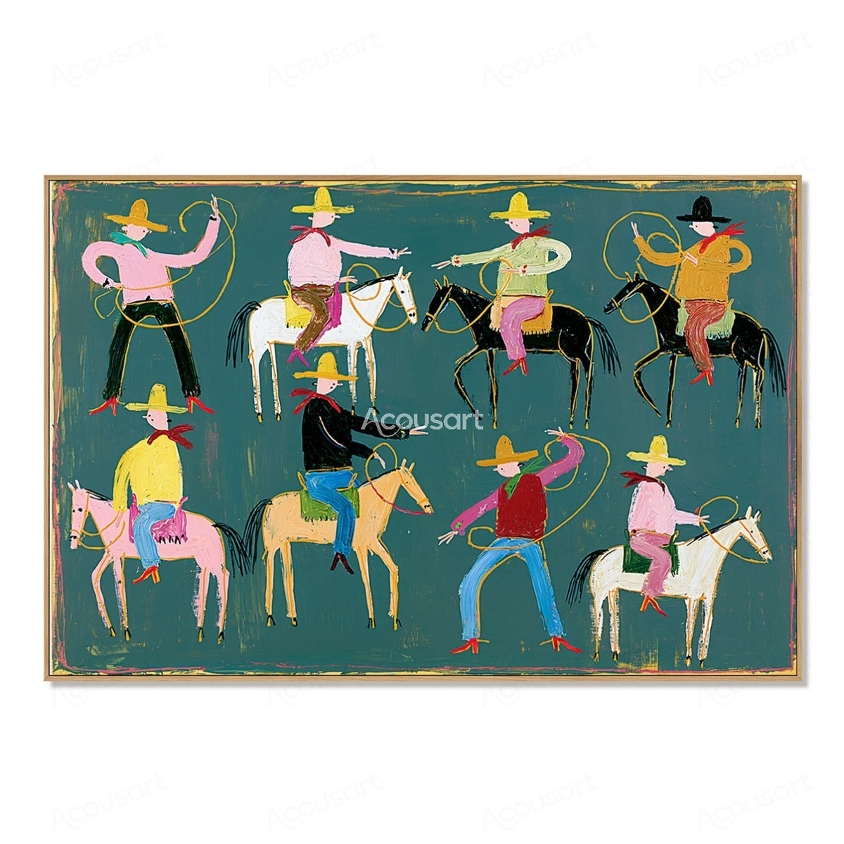 Colorful western cowboy wall art with rodeo riders, horses, ropes, hats, and bold hand-painted texture