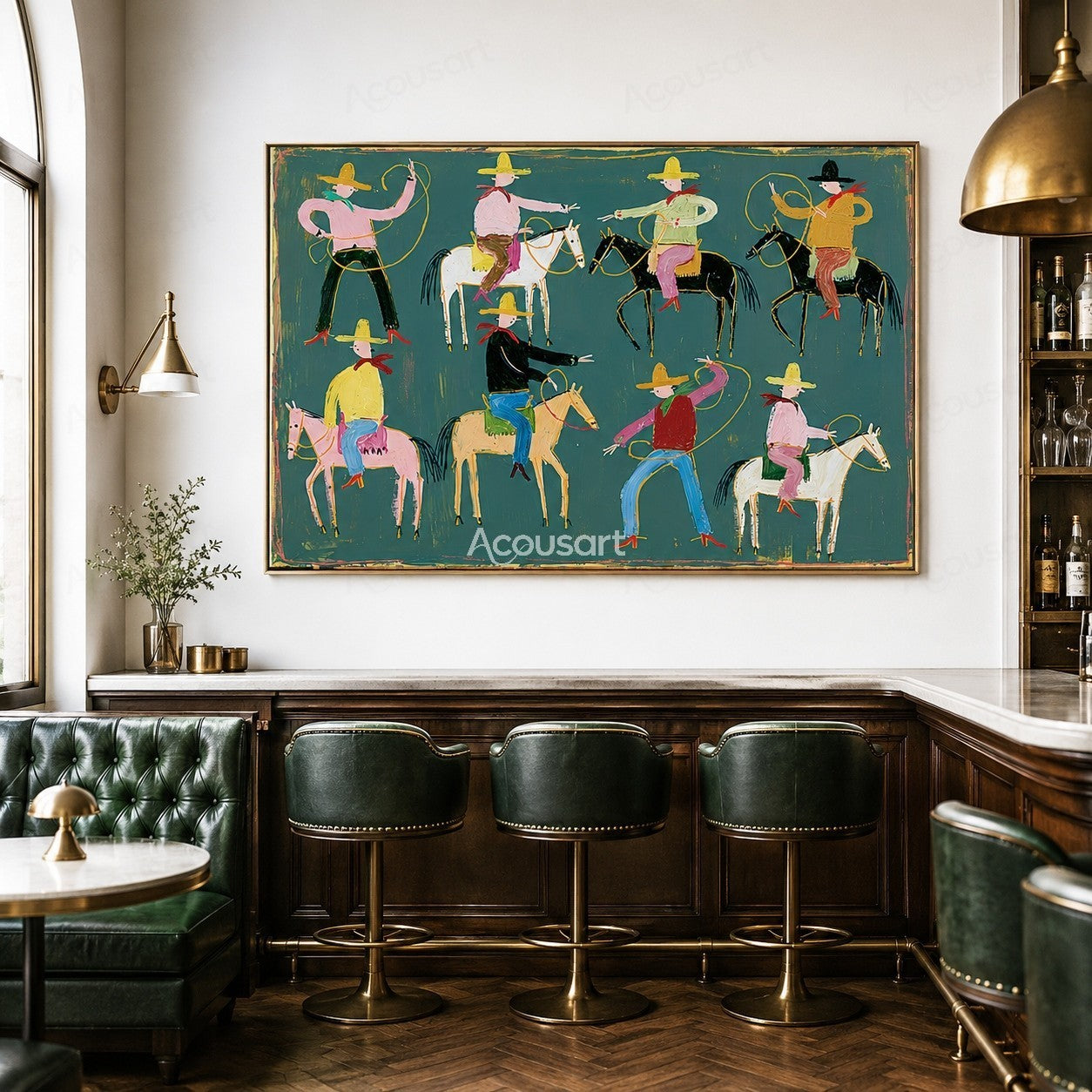 Colorful western cowboy wall art with rodeo riders, horses, ropes, hats, and bold hand-painted texture