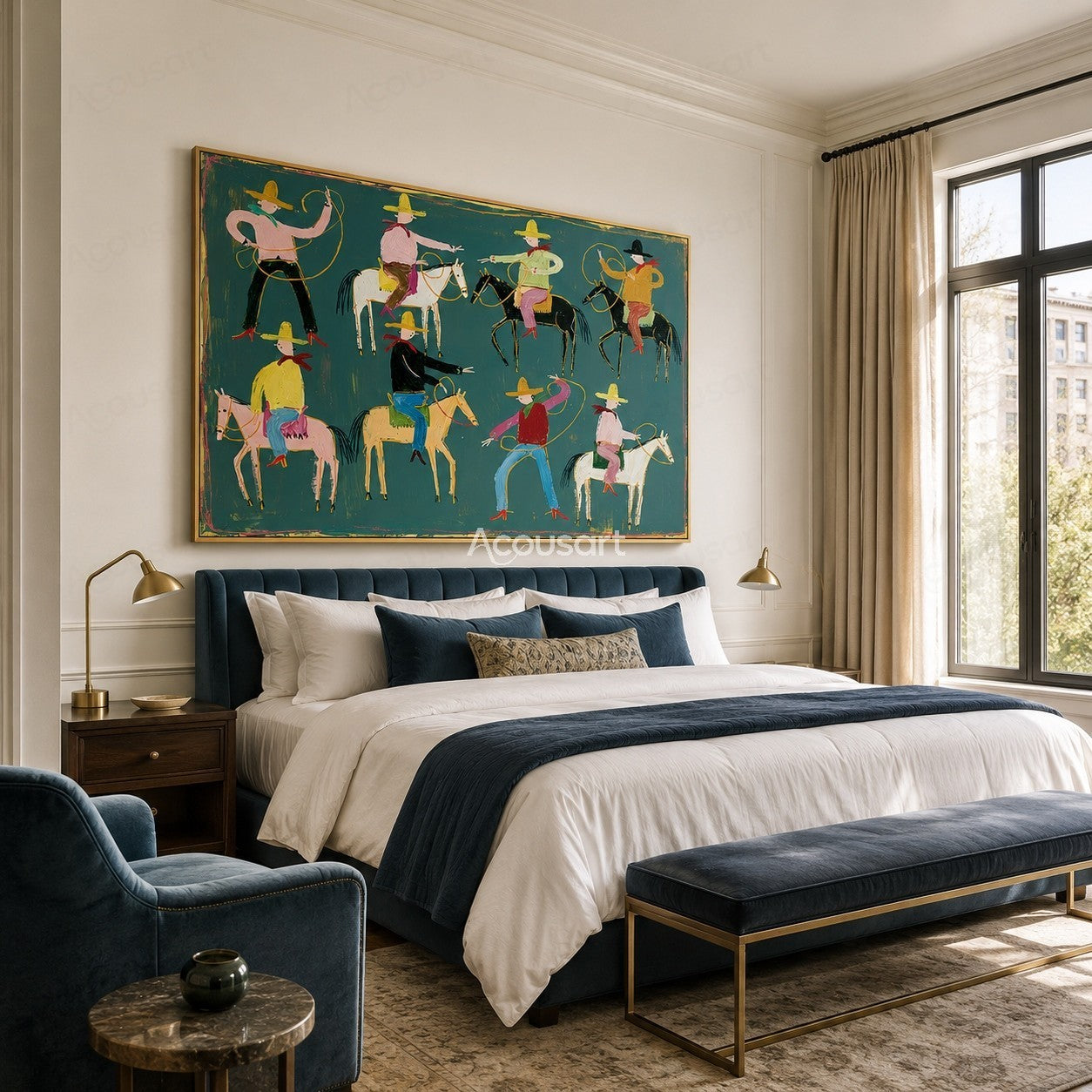 Colorful western cowboy wall art with rodeo riders, horses, ropes, hats, and bold hand-painted texture