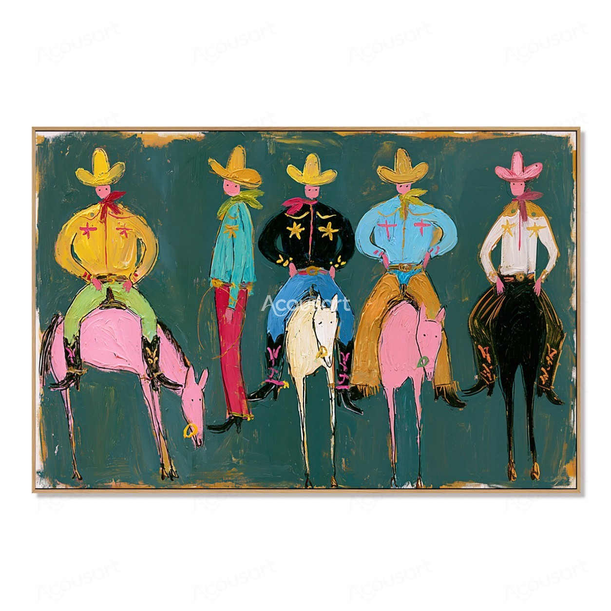 Colorful western wall art with five cowboys, horses, hats, scarves, boots, and bold hand-painted texture