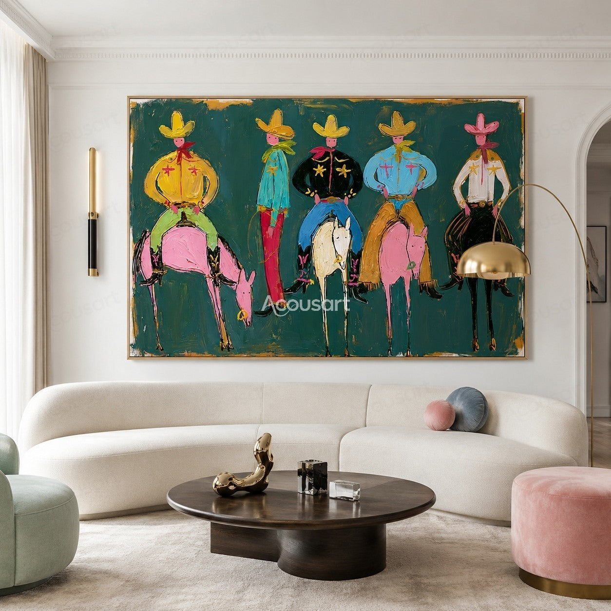 Colorful western wall art with five cowboys, horses, hats, scarves, boots, and bold hand-painted texture