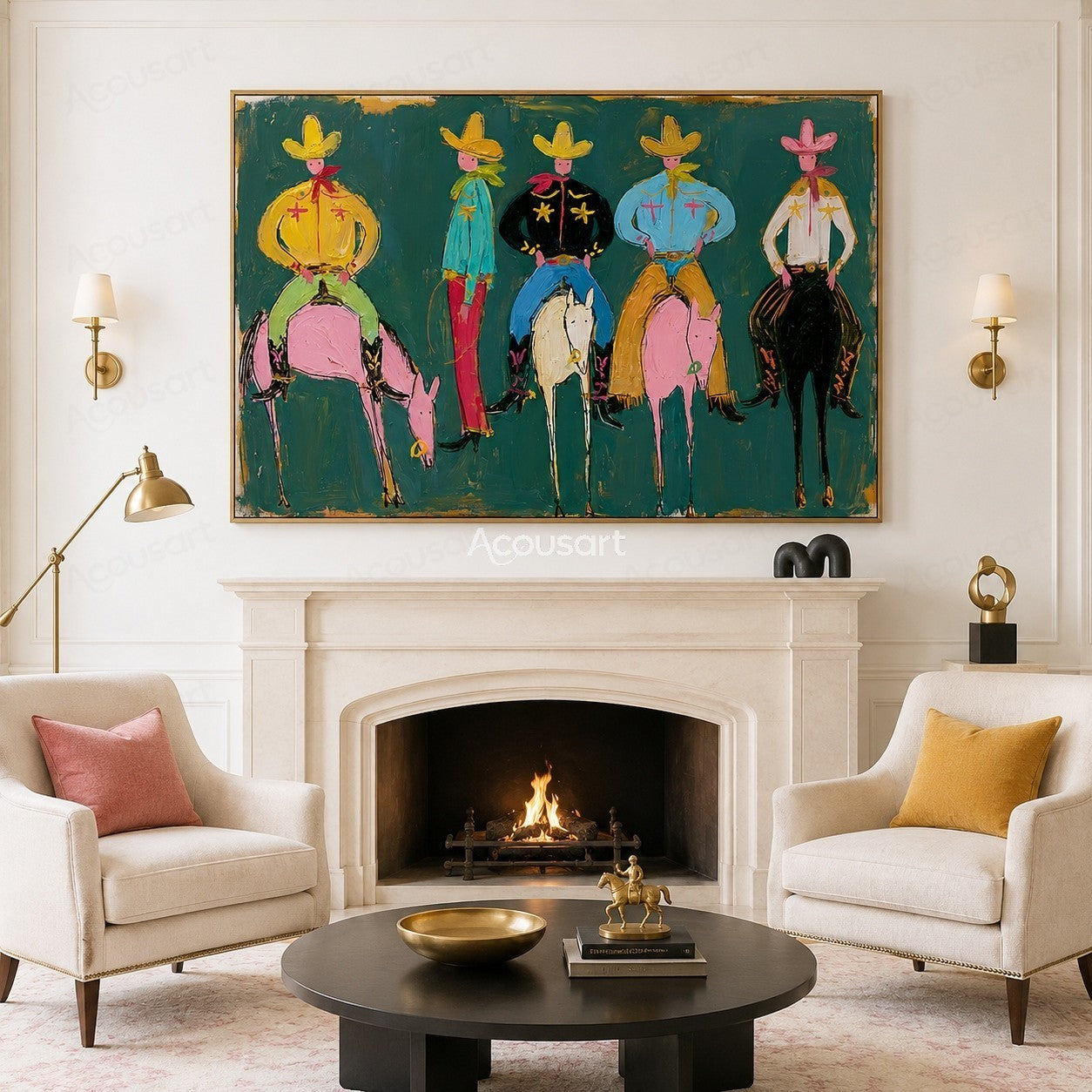 Colorful western wall art with five cowboys, horses, hats, scarves, boots, and bold hand-painted texture