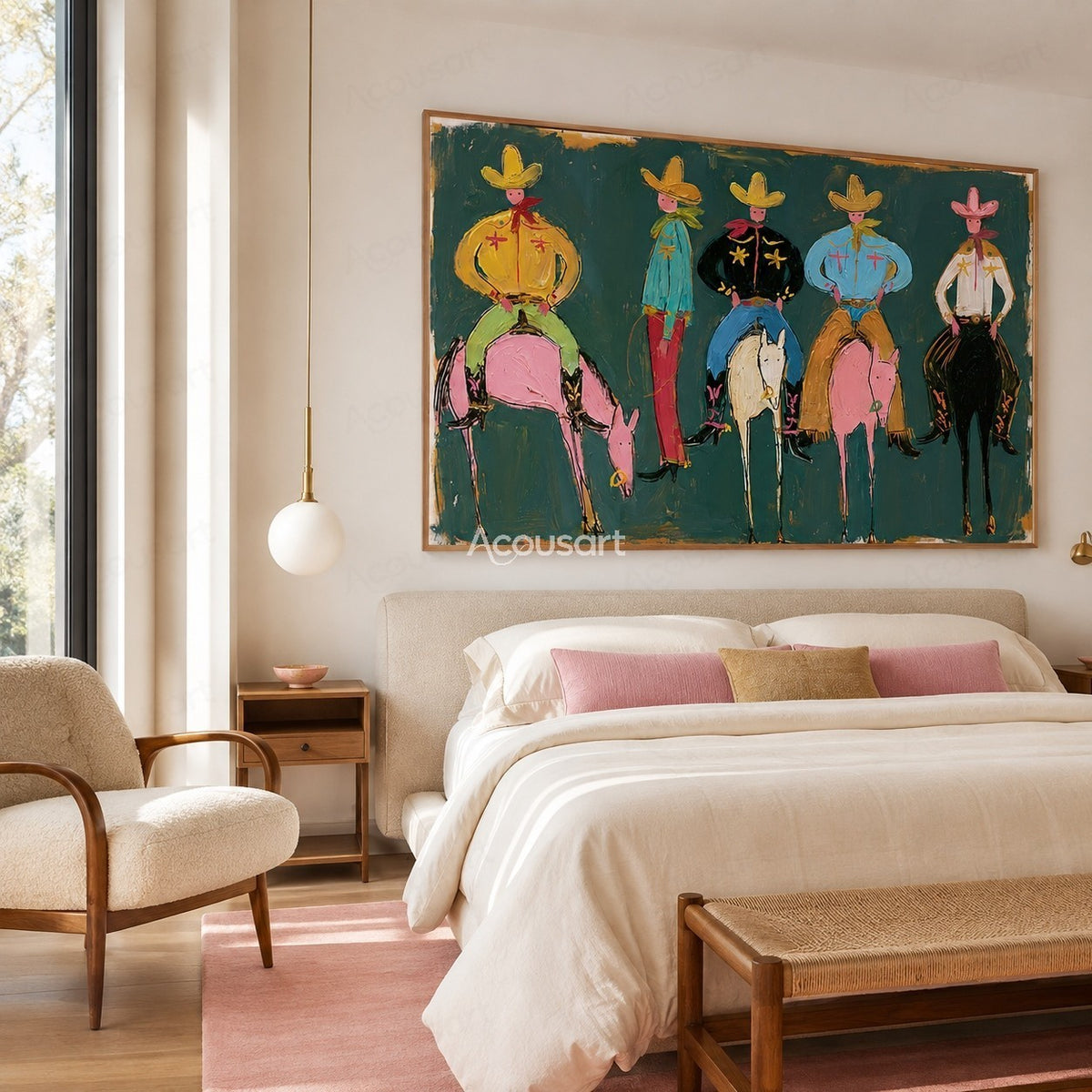 Colorful western wall art with five cowboys, horses, hats, scarves, boots, and bold hand-painted texture