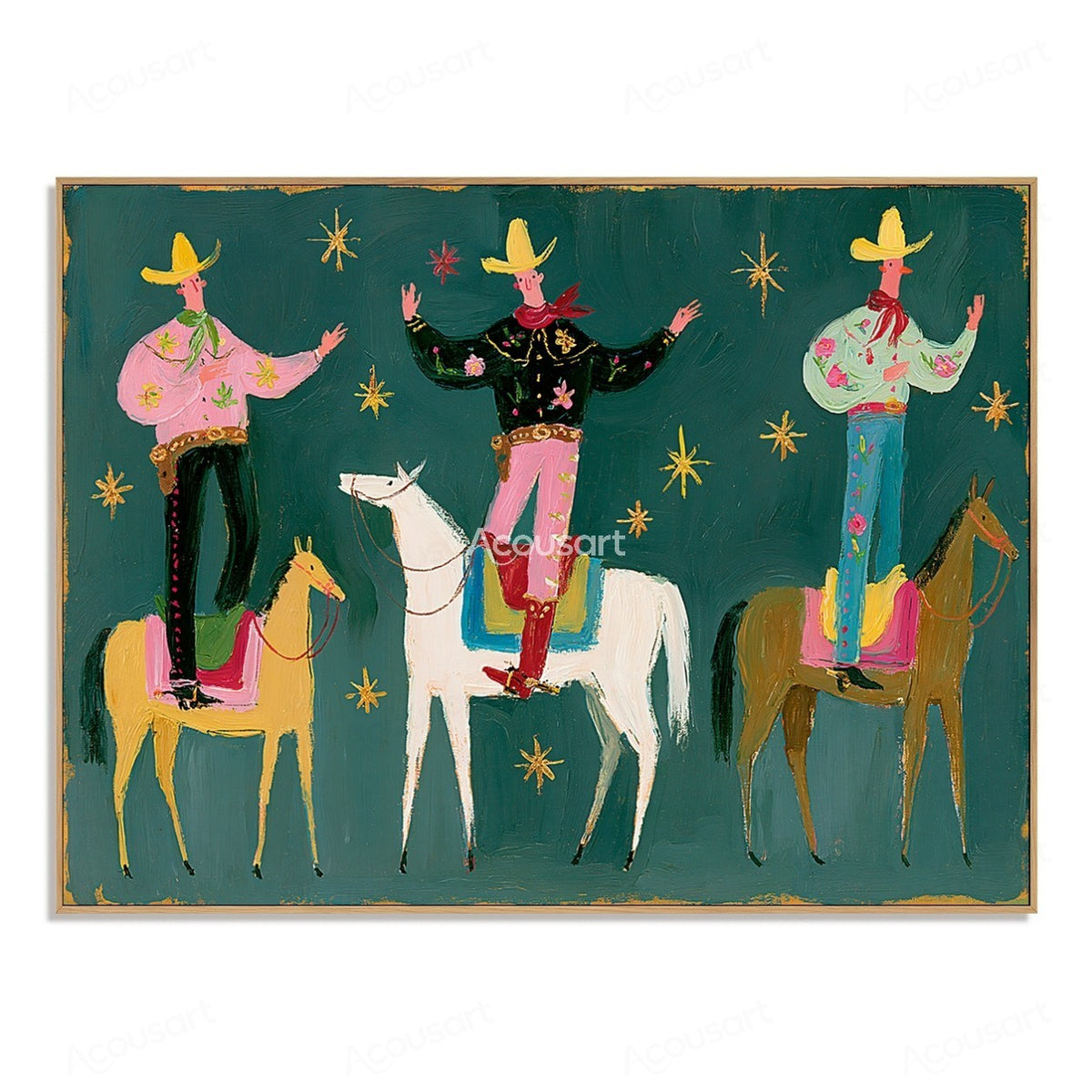 Colorful western cowboy wall art with three riders standing on horses, yellow hats, red scarves, and gold stars