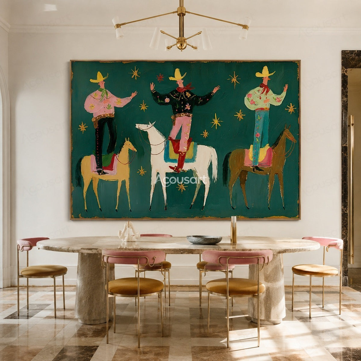Colorful western cowboy wall art with three riders standing on horses, yellow hats, red scarves, and gold stars