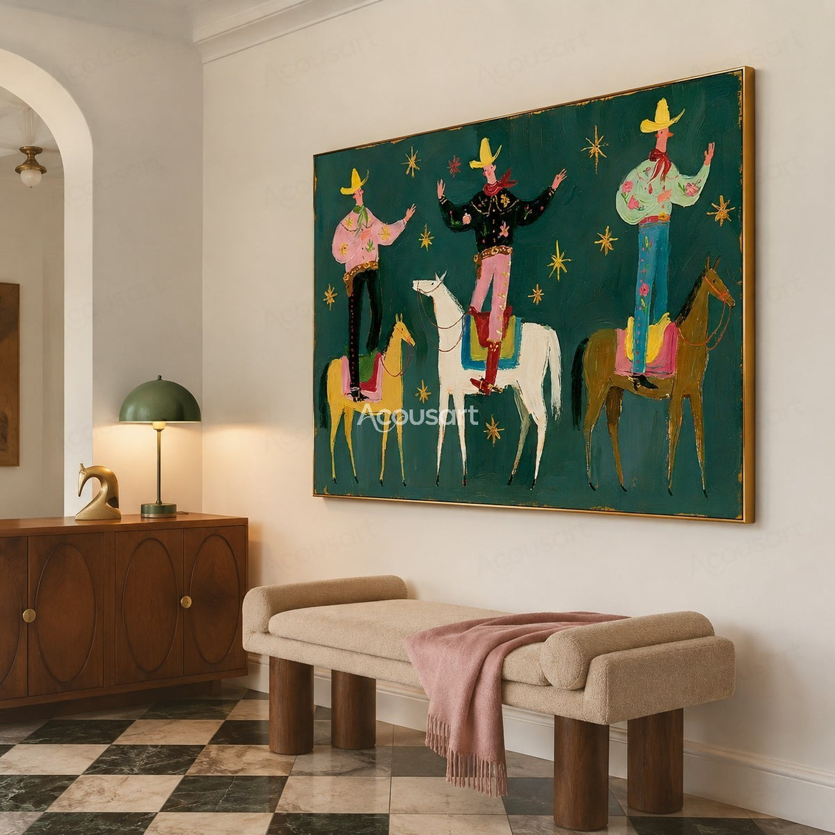 Colorful western cowboy wall art with three riders standing on horses, yellow hats, red scarves, and gold stars