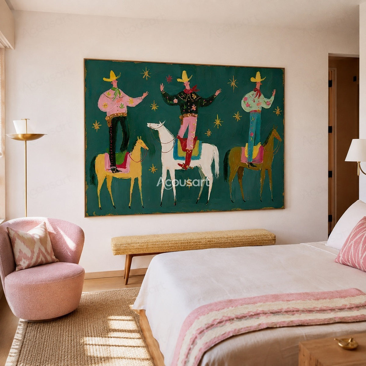 Colorful western cowboy wall art with three riders standing on horses, yellow hats, red scarves, and gold stars