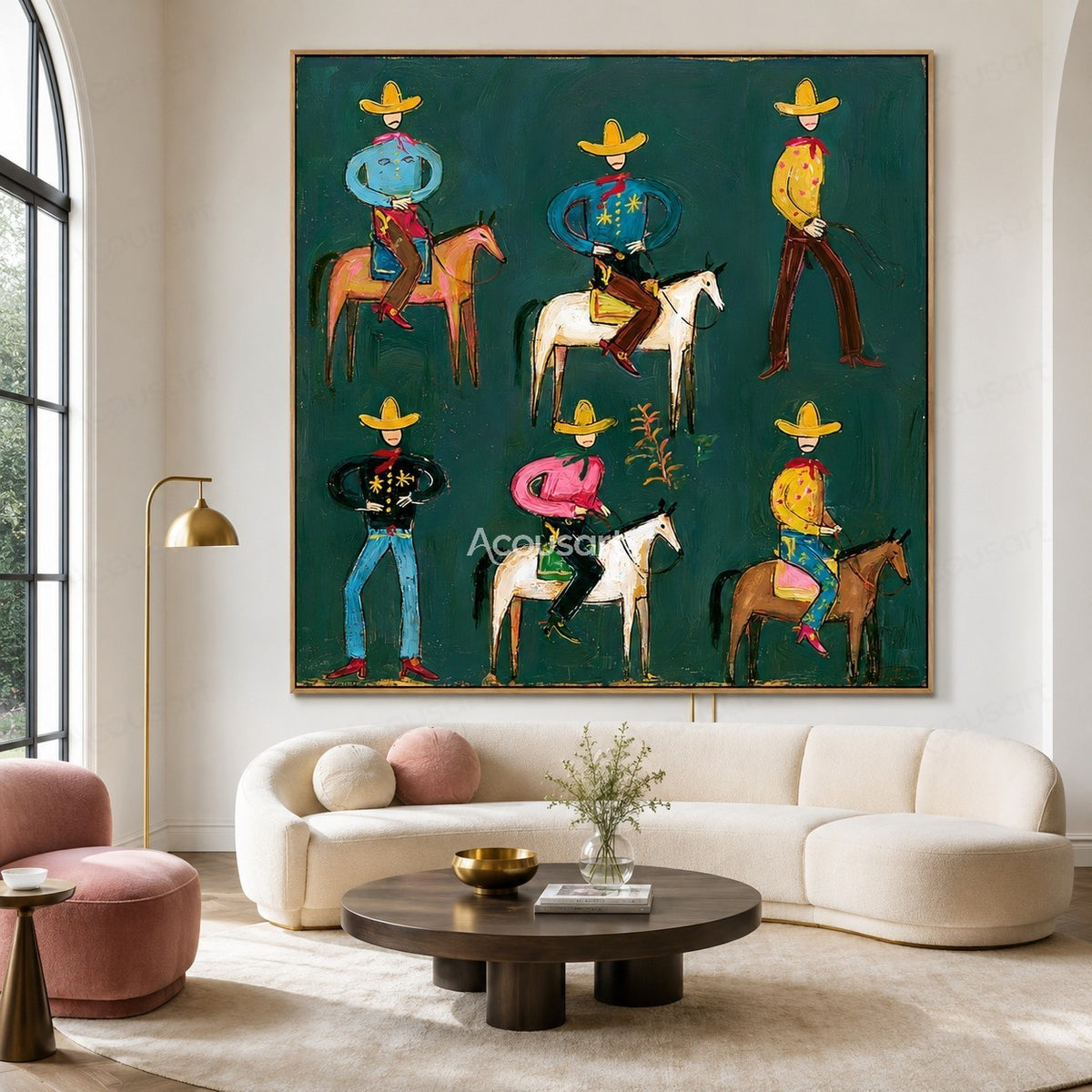 Colorful western cowboy wall art with playful cowboys, horses, yellow hats, red scarves, and bold hand-painted texture