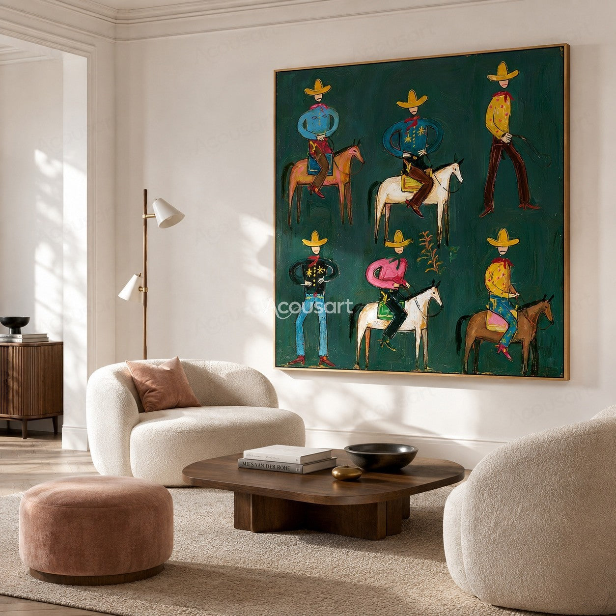 Colorful western cowboy wall art with playful cowboys, horses, yellow hats, red scarves, and bold hand-painted texture