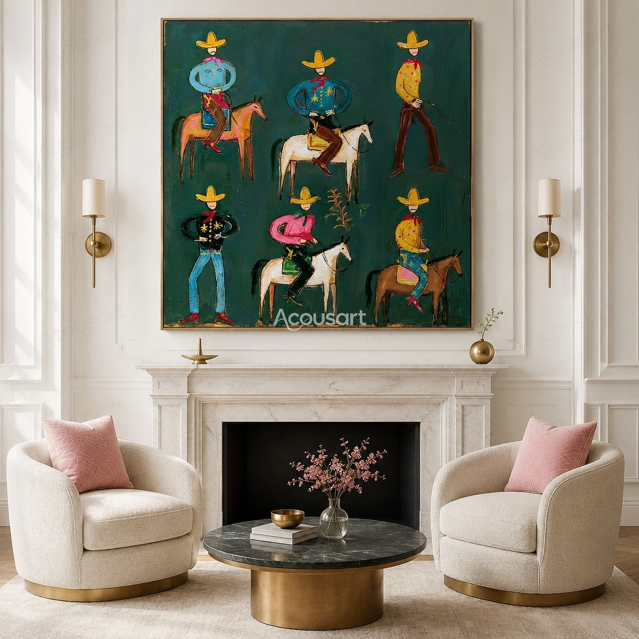 Colorful western cowboy wall art with playful cowboys, horses, yellow hats, red scarves, and bold hand-painted texture