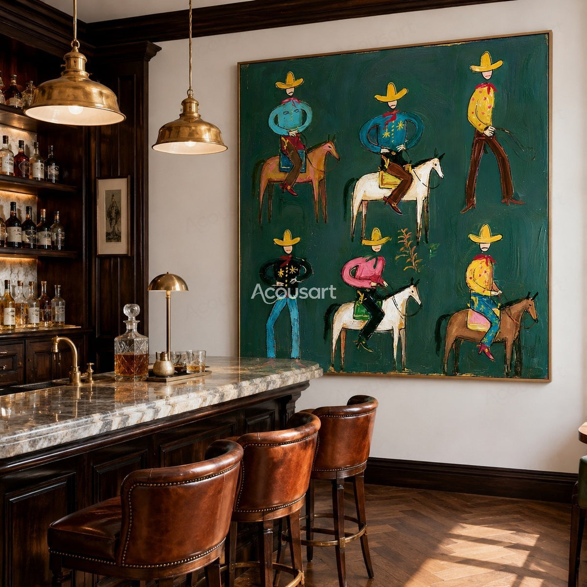 Colorful western cowboy wall art with playful cowboys, horses, yellow hats, red scarves, and bold hand-painted texture