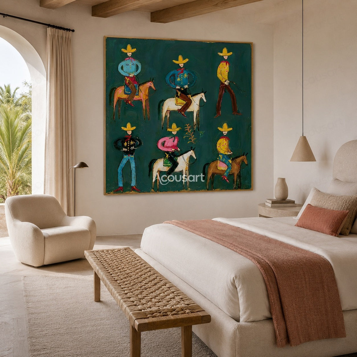 Colorful western cowboy wall art with playful cowboys, horses, yellow hats, red scarves, and bold hand-painted texture