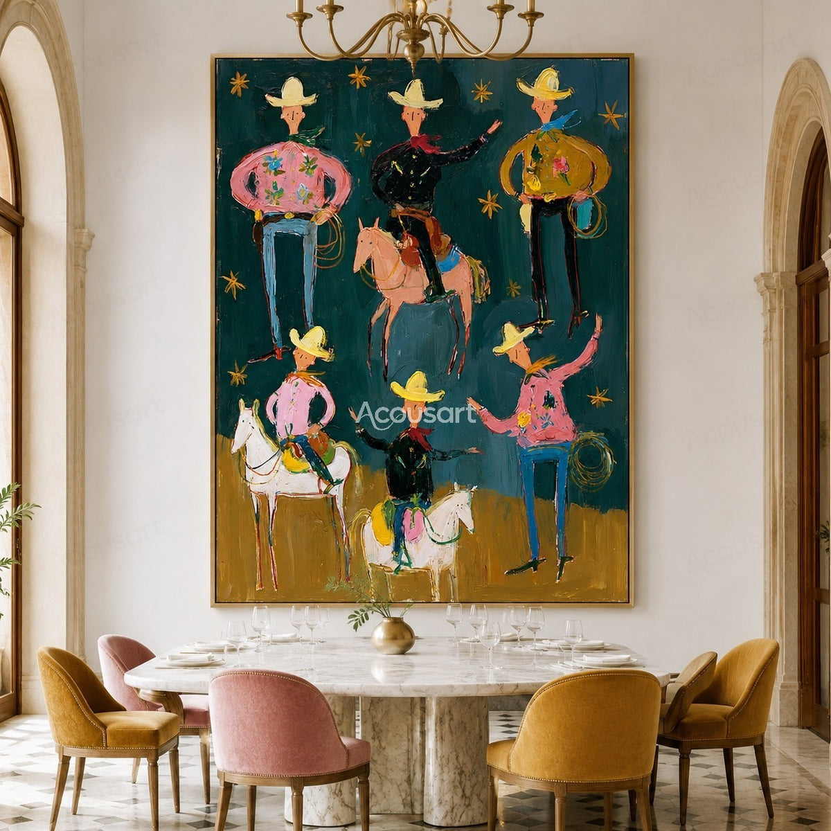 Colorful western cowboy wall art with cowboys, horses, yellow hats, ropes, gold stars, and bold hand-painted texture