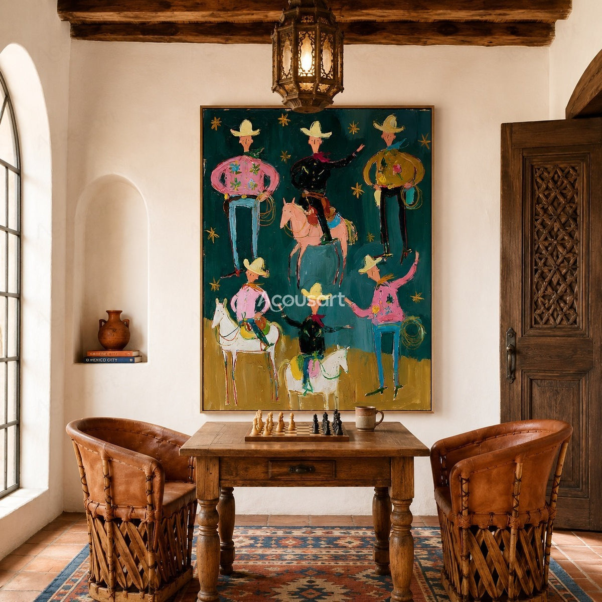 Colorful western cowboy wall art with cowboys, horses, yellow hats, ropes, gold stars, and bold hand-painted texture