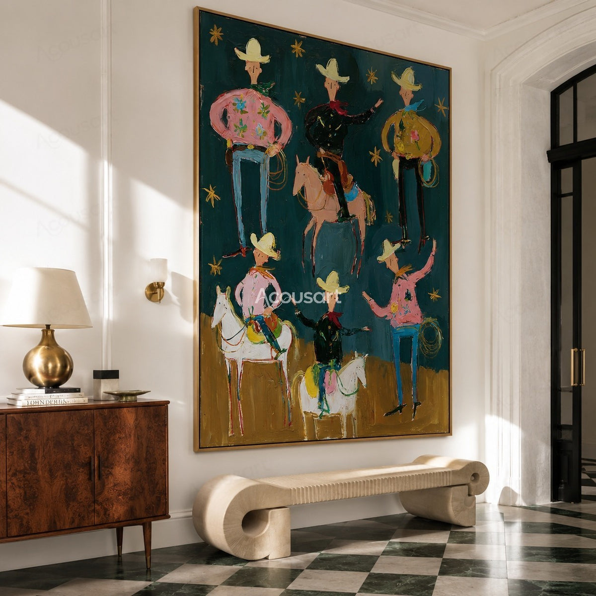 Colorful western cowboy wall art with cowboys, horses, yellow hats, ropes, gold stars, and bold hand-painted texture