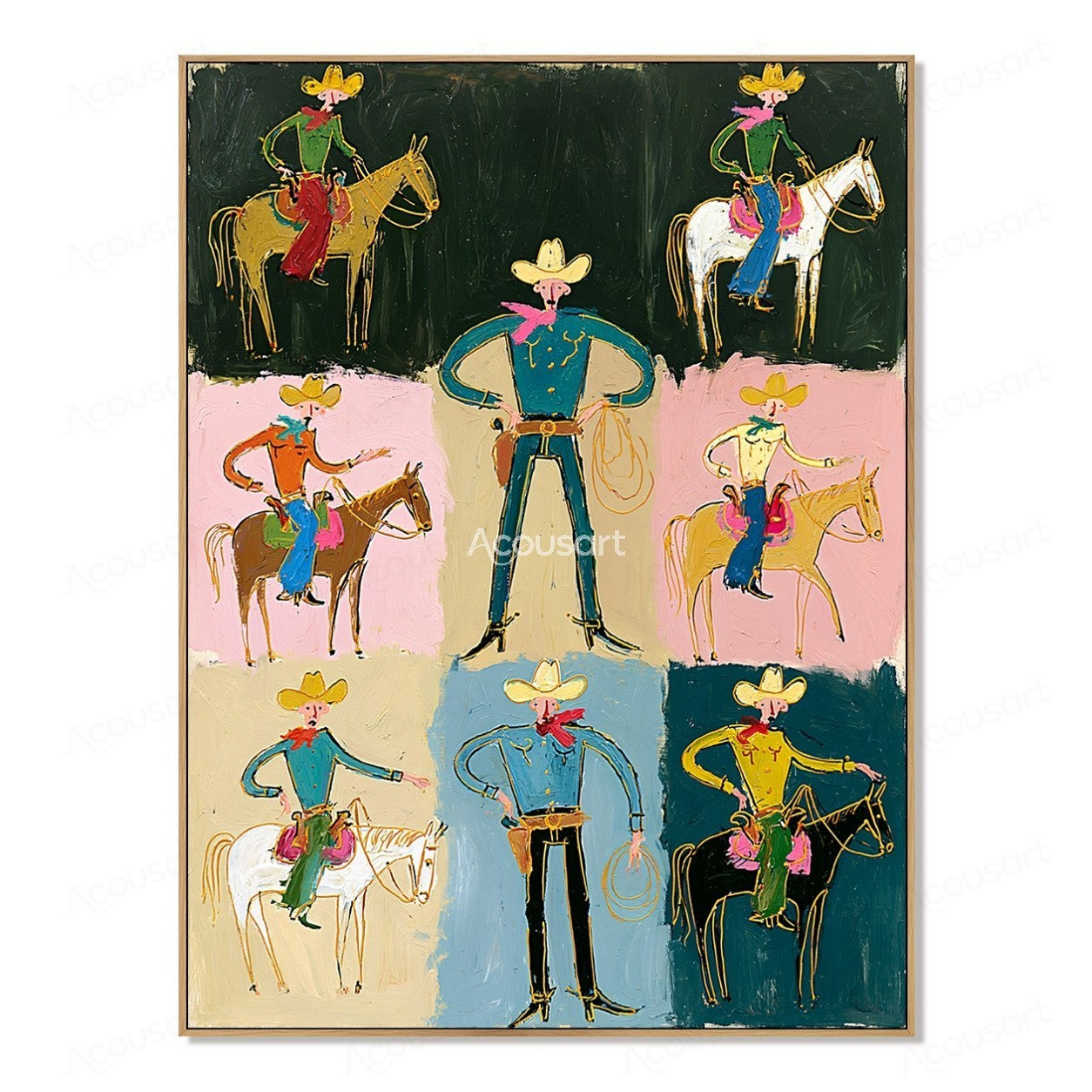 Colorful cowboy wall art with western riders, horses, ropes, hats, scarves, and playful collage-style design