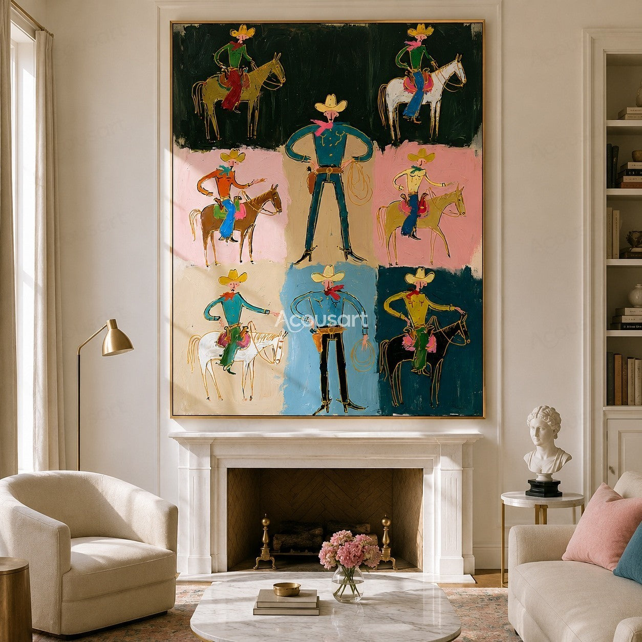 Colorful cowboy wall art with western riders, horses, ropes, hats, scarves, and playful collage-style design