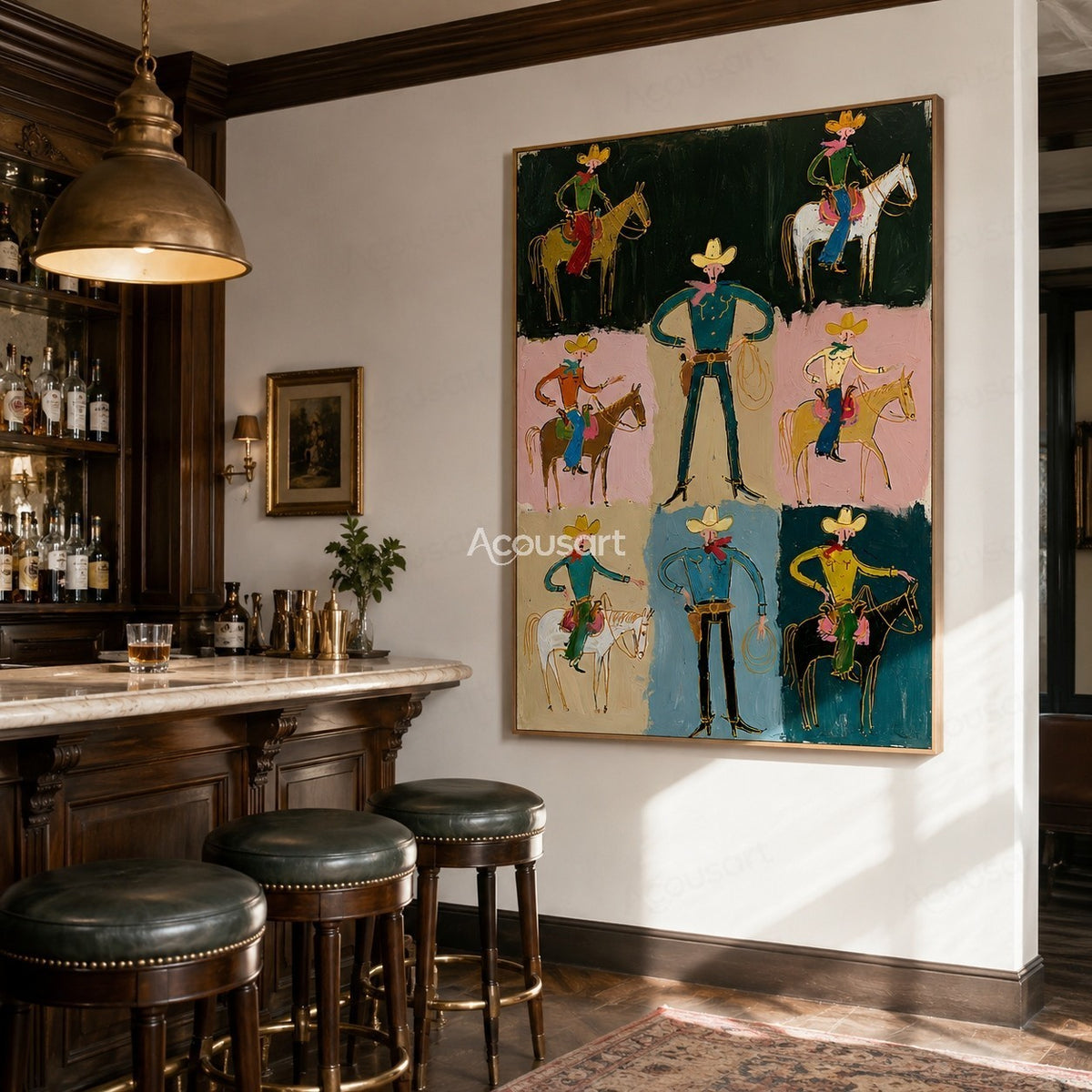 Colorful cowboy wall art with western riders, horses, ropes, hats, scarves, and playful collage-style design