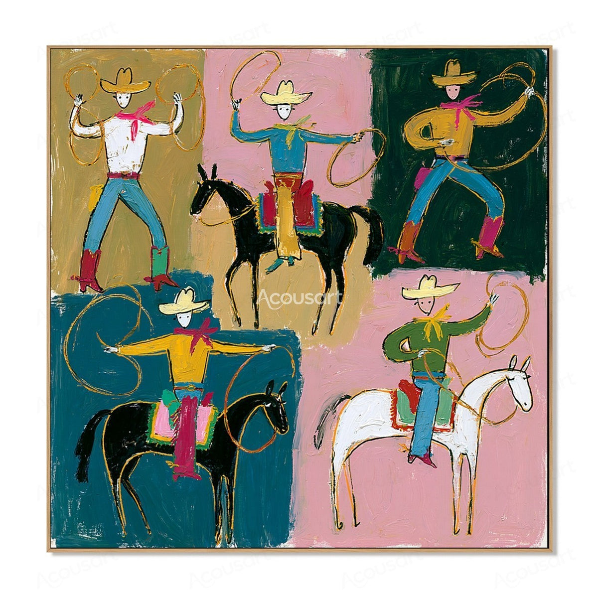 Colorful western wall art with cowboys riding horses, swinging ropes, yellow hats, and bold hand-painted texture