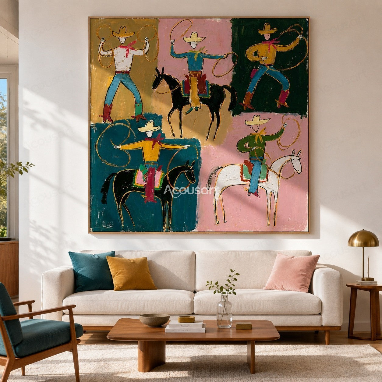 Colorful western wall art with cowboys riding horses, swinging ropes, yellow hats, and bold hand-painted texture
