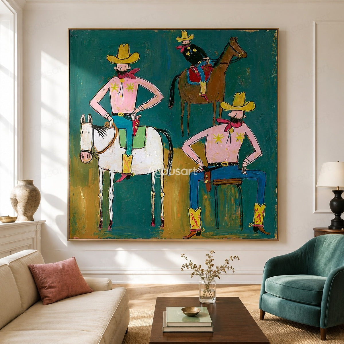 Colorful western cowboy wall art with three playful cowboys, horses, yellow hats, pink shirts, and bold hand-painted texture
