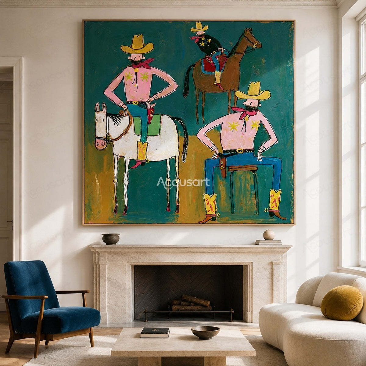 Colorful western cowboy wall art with three playful cowboys, horses, yellow hats, pink shirts, and bold hand-painted texture