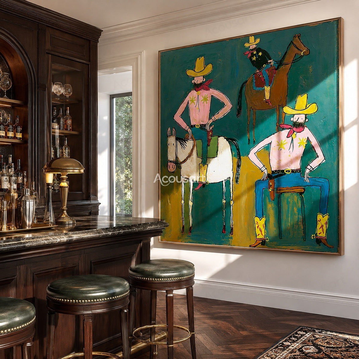 Colorful western cowboy wall art with three playful cowboys, horses, yellow hats, pink shirts, and bold hand-painted texture