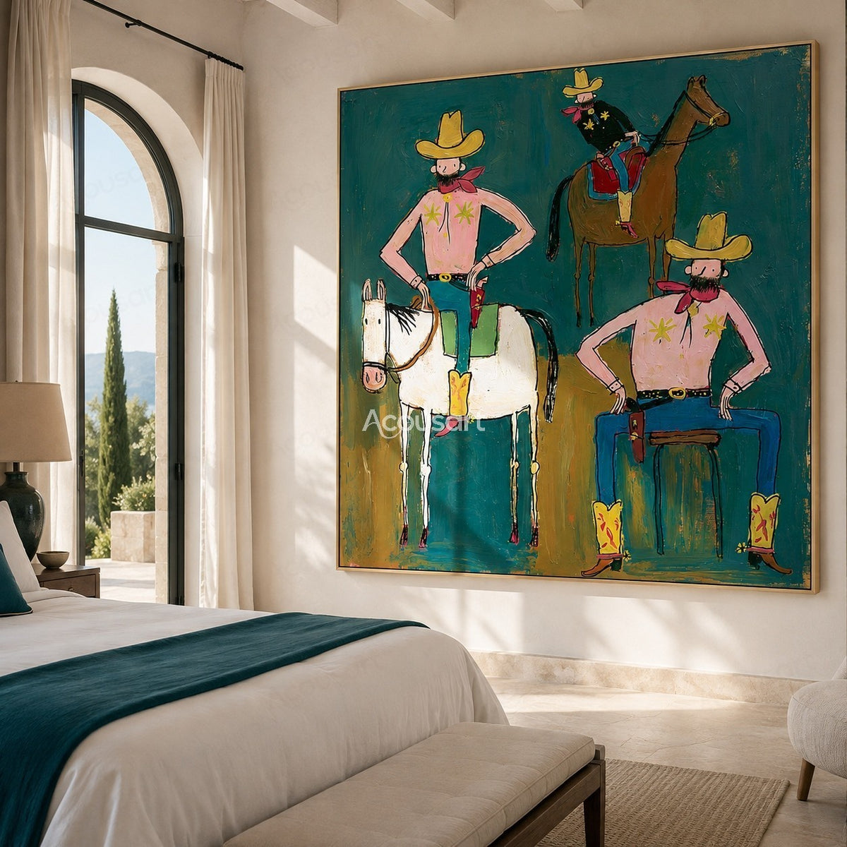 Colorful western cowboy wall art with three playful cowboys, horses, yellow hats, pink shirts, and bold hand-painted texture