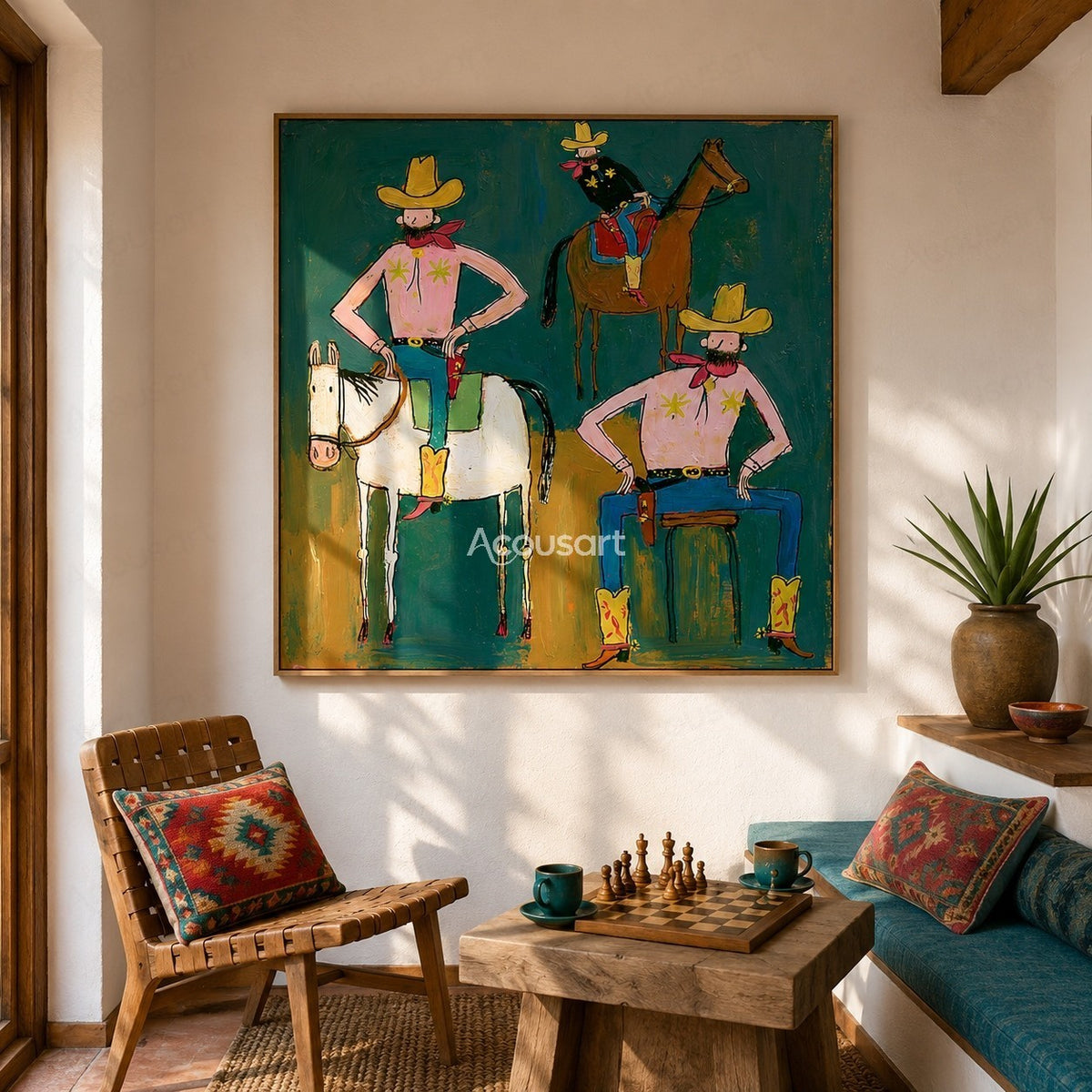 Colorful western cowboy wall art with three playful cowboys, horses, yellow hats, pink shirts, and bold hand-painted texture