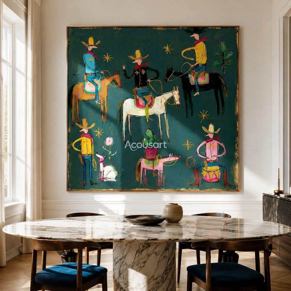 Colorful western cowboy wall art with cowboys, horses, cacti, flowers, gold stars, and bold hand-painted texture