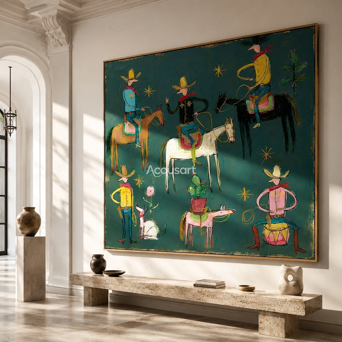 Colorful western cowboy wall art with cowboys, horses, cacti, flowers, gold stars, and bold hand-painted texture