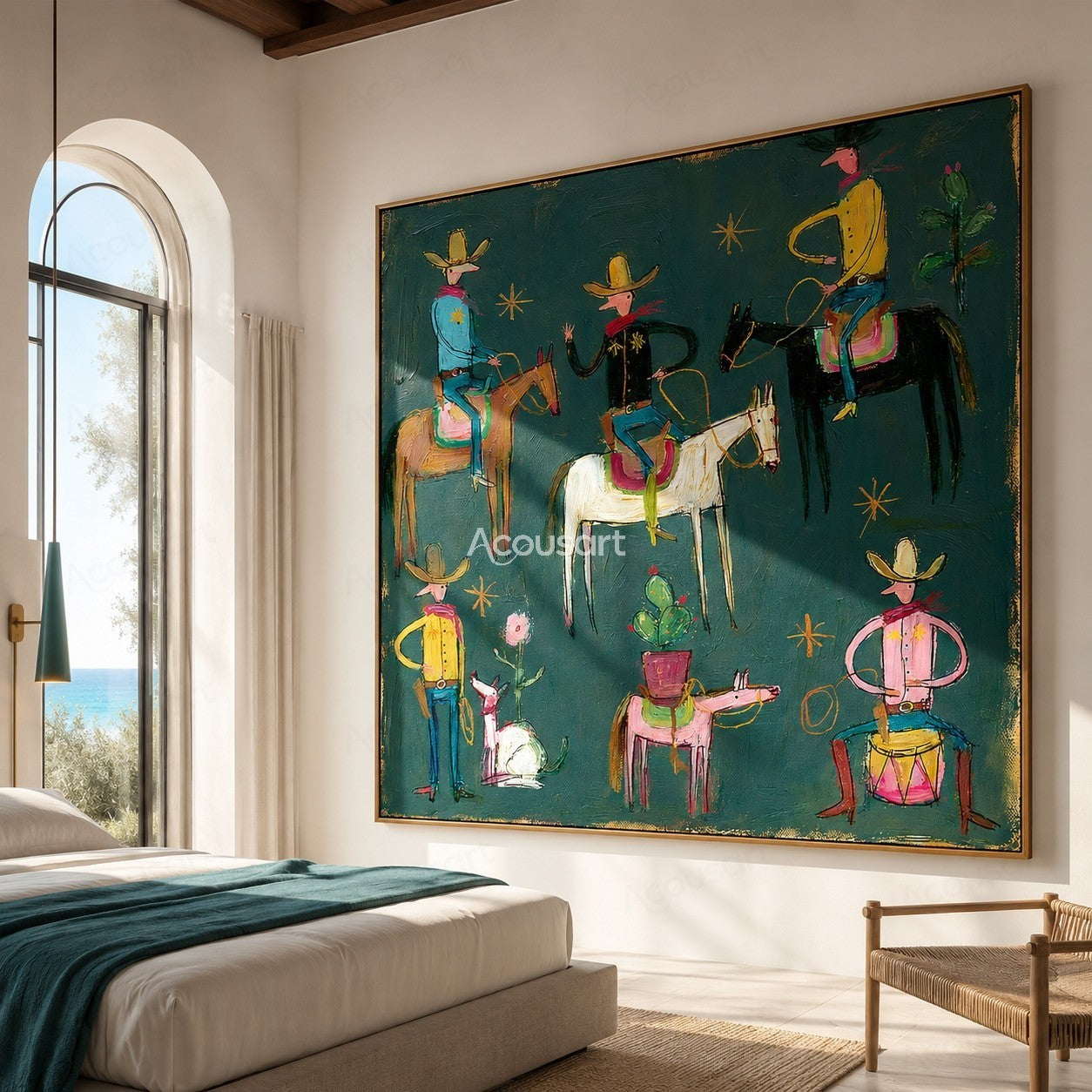 Colorful western cowboy wall art with cowboys, horses, cacti, flowers, gold stars, and bold hand-painted texture