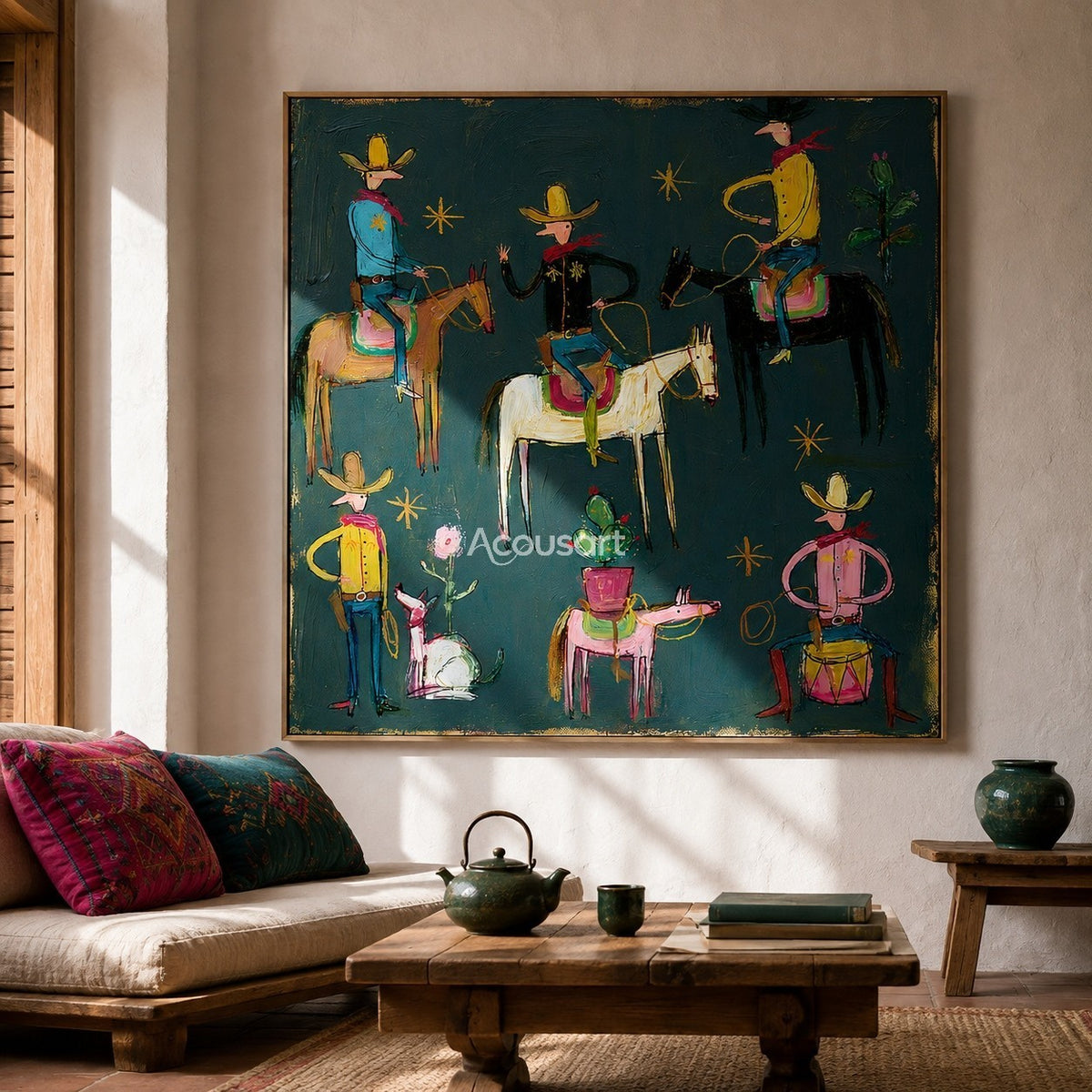 Colorful western cowboy wall art with cowboys, horses, cacti, flowers, gold stars, and bold hand-painted texture