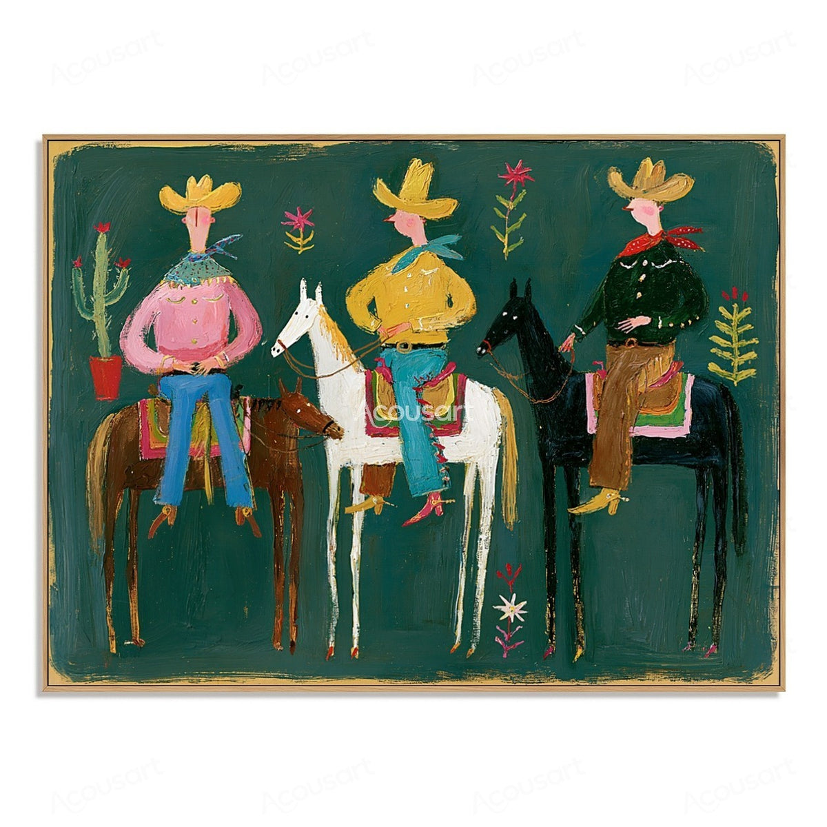 Colorful western cowboy wall art with three riders on horses, yellow hats, cactus, flowers, and bold hand-painted texture