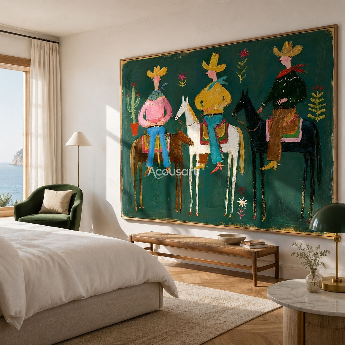 Colorful western cowboy wall art with three riders on horses, yellow hats, cactus, flowers, and bold hand-painted texture