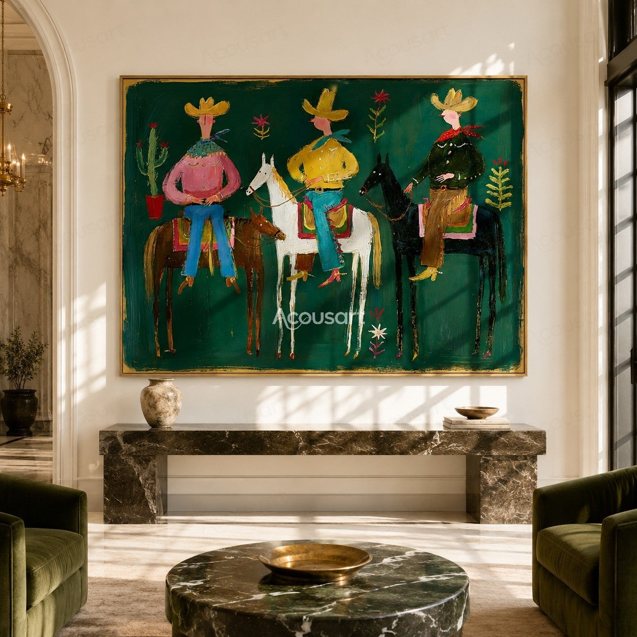 Colorful western cowboy wall art with three riders on horses, yellow hats, cactus, flowers, and bold hand-painted texture