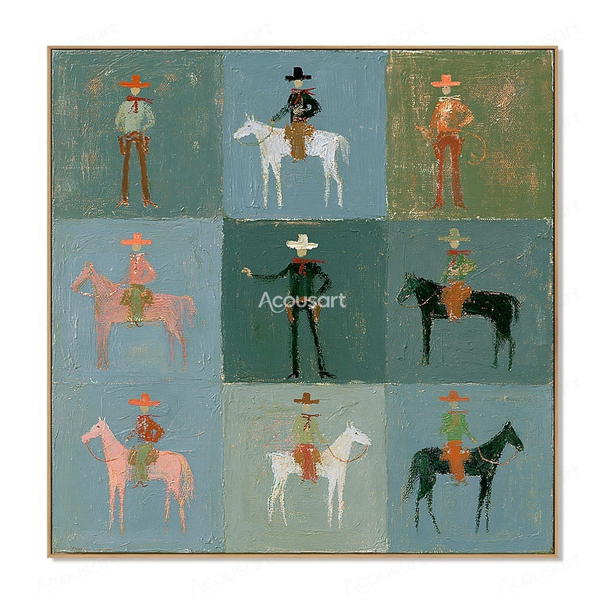 Western cowboy horse wall art with riders and horses arranged in a soft blue and green grid design