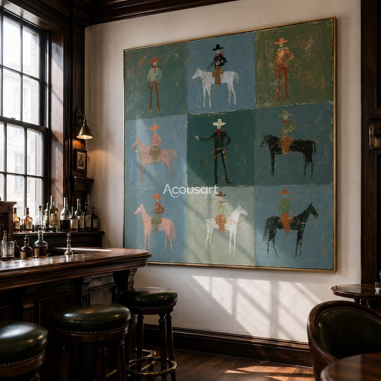 Western cowboy horse wall art with riders and horses arranged in a soft blue and green grid design