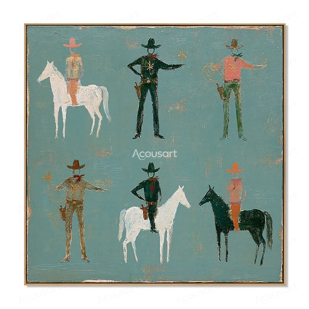 Western horse wall art with cowboys, horses, ropes, hats, and soft vintage blue-green background