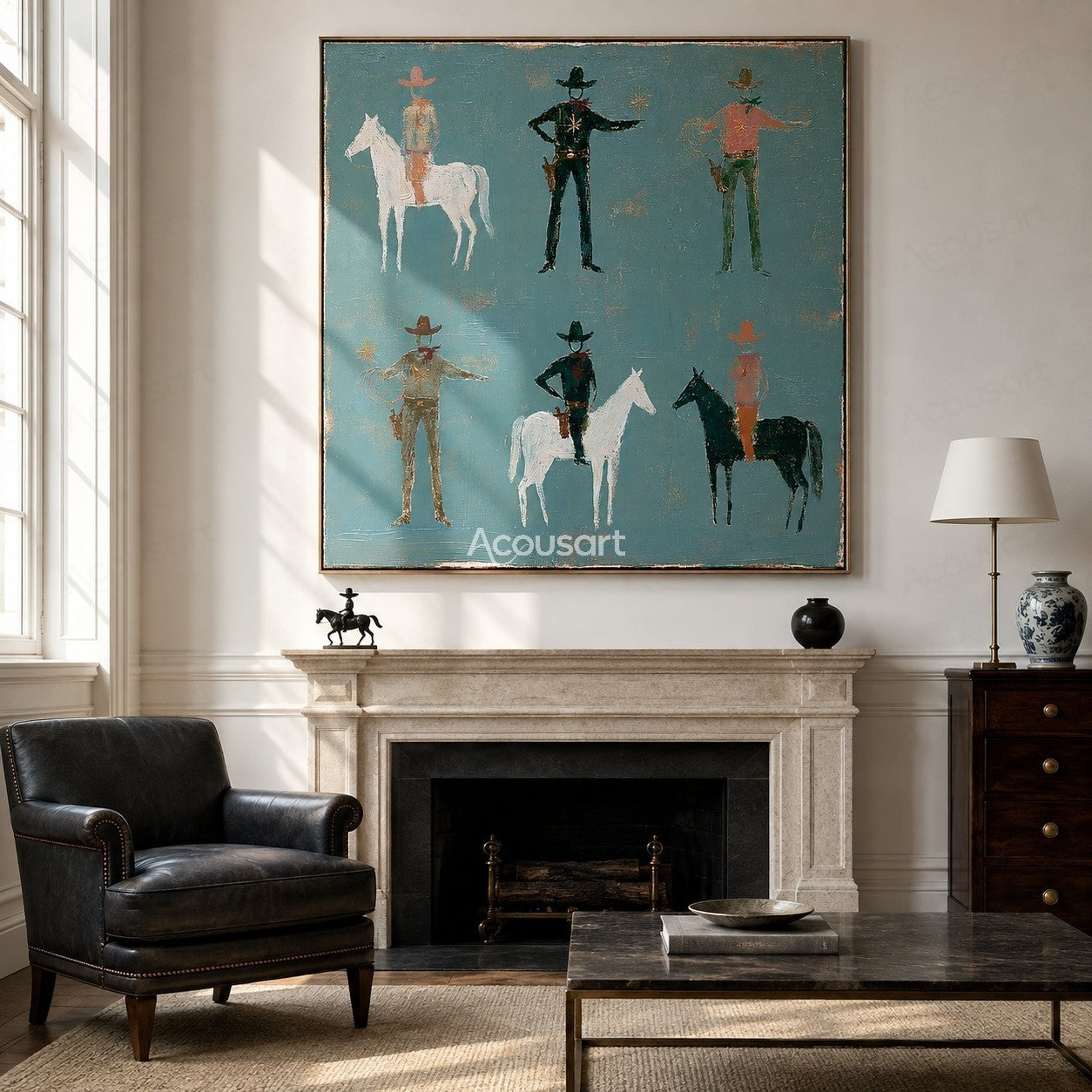 Western horse wall art with cowboys, horses, ropes, hats, and soft vintage blue-green background