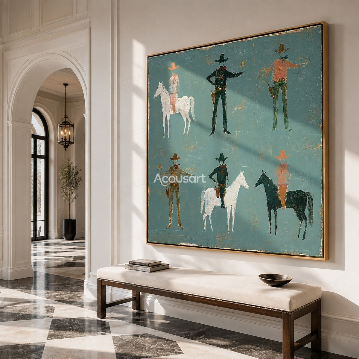 Western horse wall art with cowboys, horses, ropes, hats, and soft vintage blue-green background
