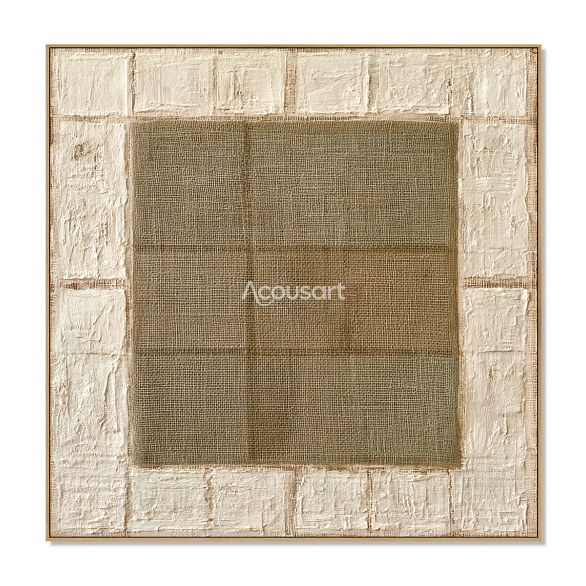 Neutral textured abstract wall art with woven center square, raised white border, and warm beige tones